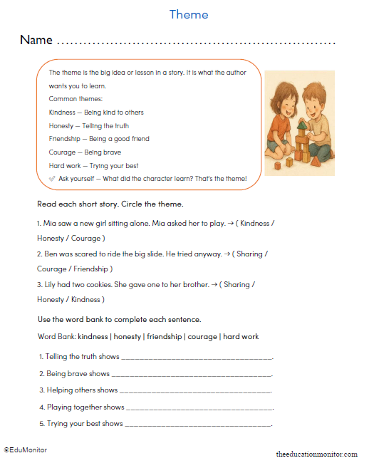 Theme Printable Worksheet for Third Grade