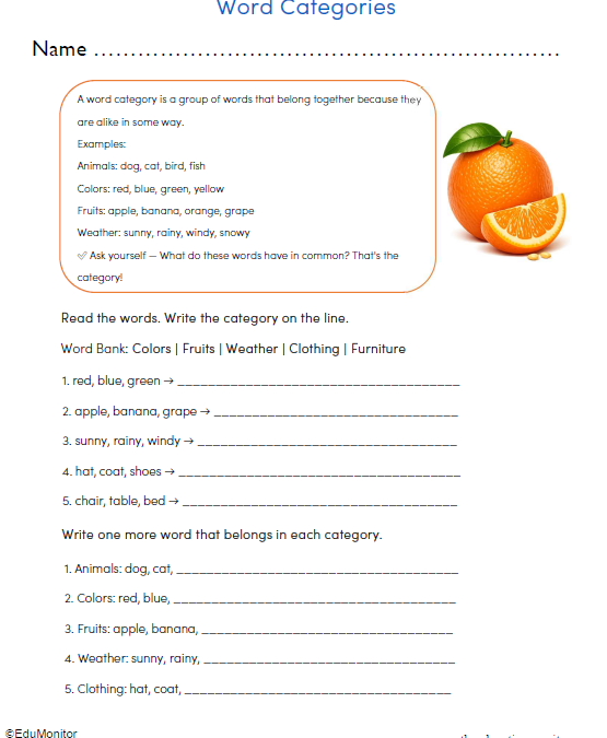 3rd Grade Word Categories Printable Worksheet