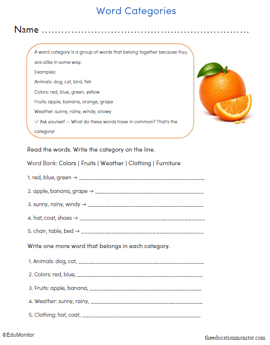 Grade 3 Word Categories Worksheet_EduMonitor 3rd Grade Word Categories Printable Worksheet
