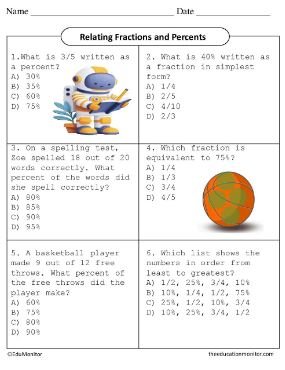 EduMonitor Worksheet Grade Six Math Relating Fractions and Percents