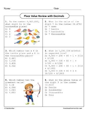 EduMonitor WorkSheet Grade Six Math Place Value Review with Decimals