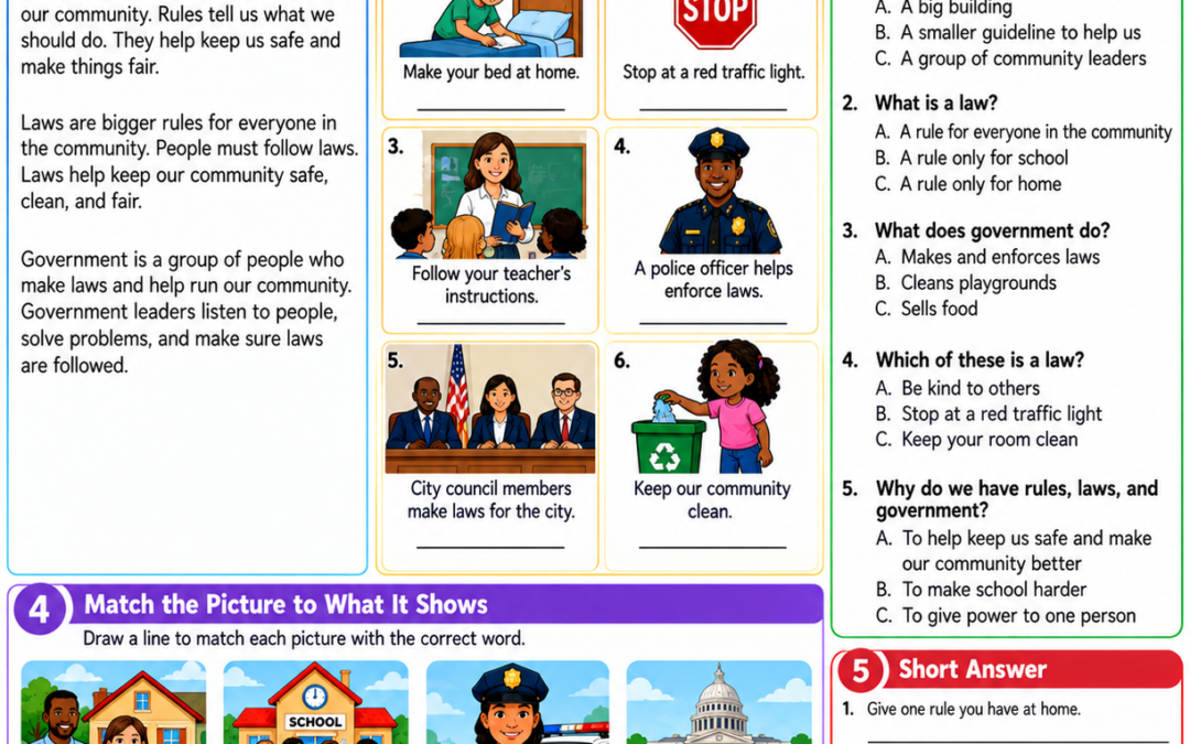 Rules, Laws, and Government Grade 2 Social Studies Worksheet