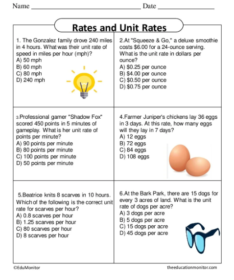 EduMonitor Worksheet Rates and Unit Rates Grade 6 Math