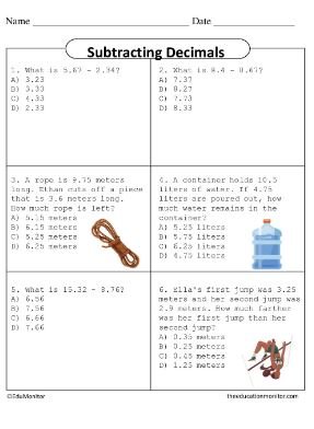 EduMonitor Worksheet Grade Six Math Subtracting Decimals