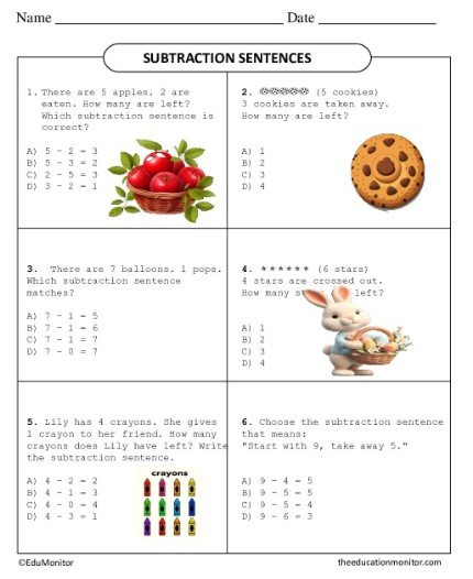Grade Six Math Subtraction Sentences EduMonitor Worksheet.